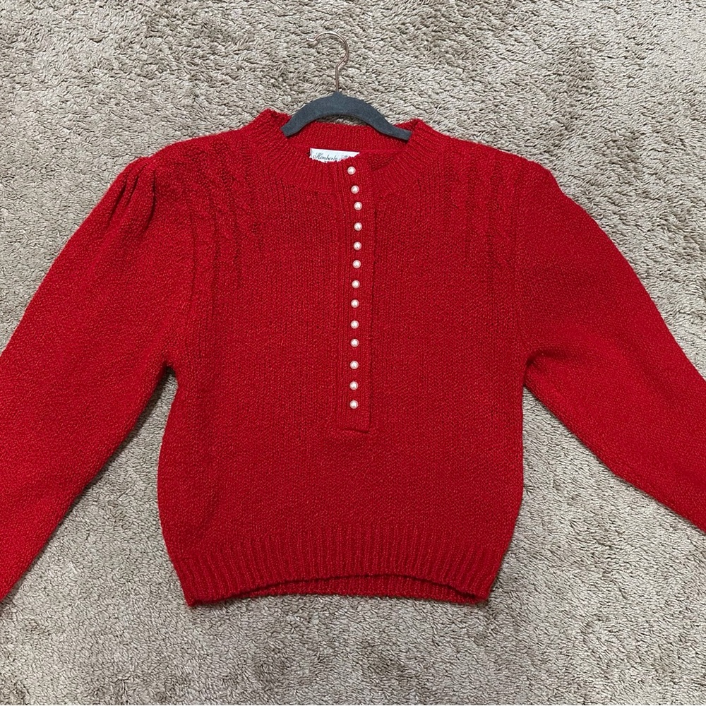 Elegant Red Pearl Button-Up Women's Sweater Size M